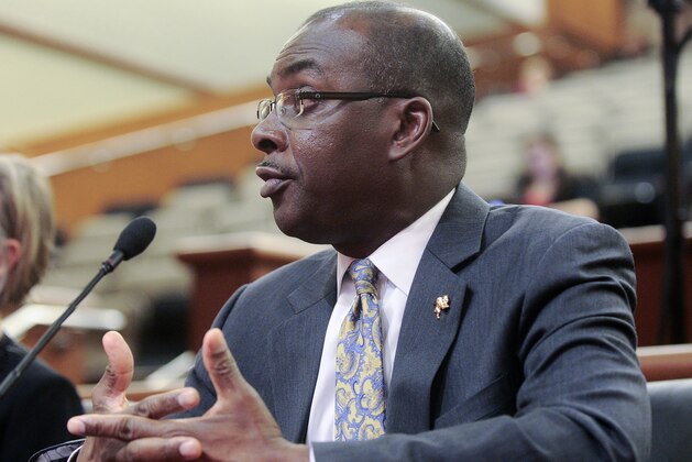 Buffalo Mayor Byron Brown testifys during a joint legislative budget hearing on local government funding from the state on Monday, Jan. 30, 2017, in Albany, N.Y. (AP Photo/Hans Pennink)