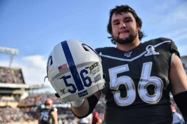 ORLANDO, FLORIDA - JANUARY 26: A detailed view of the Red Bank Catholic High School decal on the helmet of Quenton Nelson #56 of the Indianapolis Colts during the 2020 NFL Pro Bowl at Camping World Stadium on January 26, 2020 in Orlando, Florida. (Photo by Mark Brown/Getty Images)