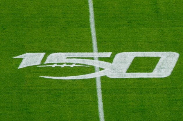 MIAMI, FLORIDA - DECEMBER 30: NCAA Football 150 logo on the field prior to Capital One Orange Bowl between the Florida Gators and the Virginia Cavaliers at Hard Rock Stadium on December 30, 2019 in Miami, Florida. (Photo by Mark Brown/Getty Images)