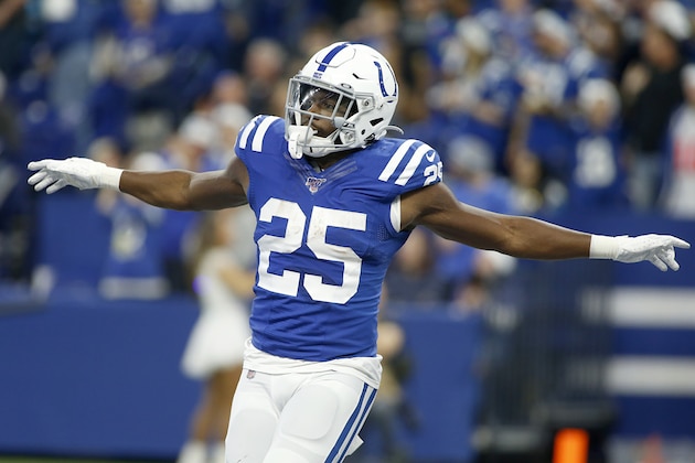 INDIANAPOLIS, INDIANA - DECEMBER 22: Marlon Mack #25 of the Indianapolis Colts celebrates after a play in the game against the Carolina Panthers at Lucas Oil Stadium on December 22, 2019 in Indianapolis, Indiana. (Photo by Justin Casterline/Getty Images)