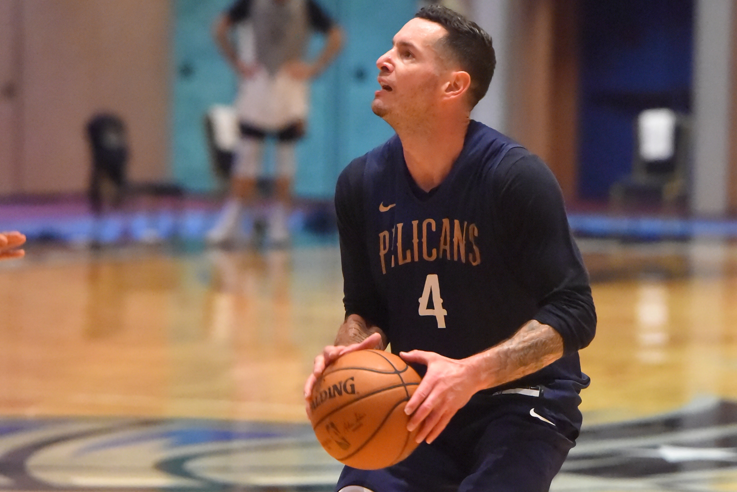 ORLANDO, FL - JULY 11: J.J. Redick #4 of the New Orleans Pelicans during practice at the hotel as part of the NBA Restart 2020 on July 11, 2020 in Orlando, Florida. NOTE TO USER: User expressly acknowledges and agrees that, by downloading and/or using this photograph, user is consenting to the terms and conditions of the Getty Images License Agreement.  Mandatory Copyright Notice: Copyright 2020 NBAE (Photo by Bill Baptist/NBAE via Getty Images)