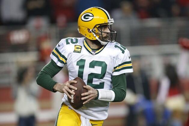 SANTA CLARA, CA - JANUARY 19: Aaron Rodgers #12 of the Green Bay Packers rolls out during the game against the San Francisco 49ers at Levi's Stadium on January 19, 2020 in Santa Clara, California. The 49ers defeated the Packers 37-20. (Photo by Michael Zagaris/San Francisco 49ers/Getty Images)
