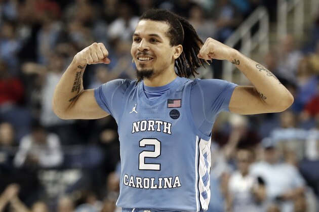 North Carolina guard Cole Anthony (2) reacts during the second half of an NCAA college basketball game against Virginia Tech at the Atlantic Coast Conference tournament in Greensboro, N.C., Tuesday, March 10, 2020. (AP Photo/Gerry Broome)