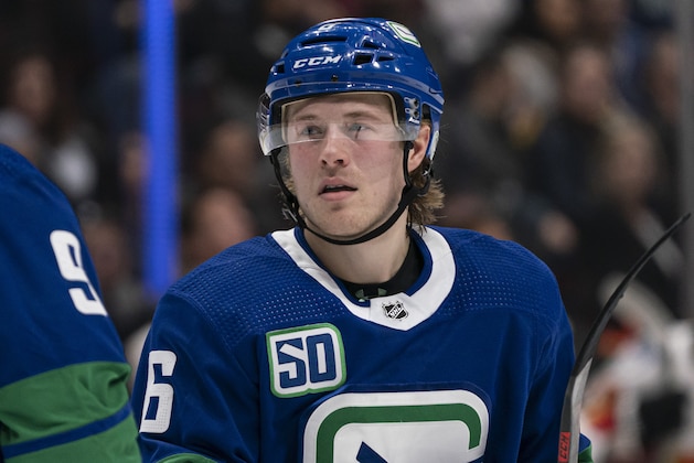 VANCOUVER, BC - FEBRUARY 08: Brock Boeser #6 of the Vancouver Canucks in NHL action against the Calgary Flames at Rogers Arena on February 8, 2020 in Vancouver, Canada. (Photo by Rich Lam/Getty Images)