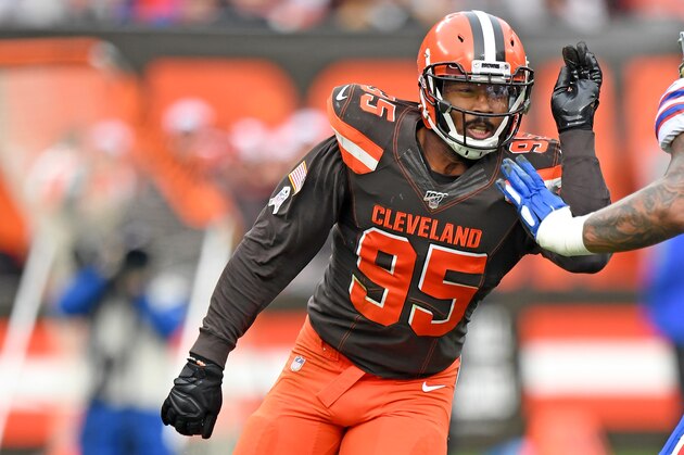 CLEVELAND, OHIO - NOVEMBER 10: Defensive end Myles Garrett #95 of the Cleveland Browns tries to blitz against offensive tackle Dion Dawkins #73 of the Buffalo Bills during the first half at FirstEnergy Stadium on November 10, 2019 in Cleveland, Ohio. (Photo by Jason Miller/Getty Images)