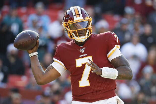 Washington Redskins quarterback Dwayne Haskins (7) looks to pass the ball against the Philadelphia Eagles in the first half of an NFL football game, Sunday, Dec. 15, 2019, in Landover, Md. (AP Photo/Alex Brandon)