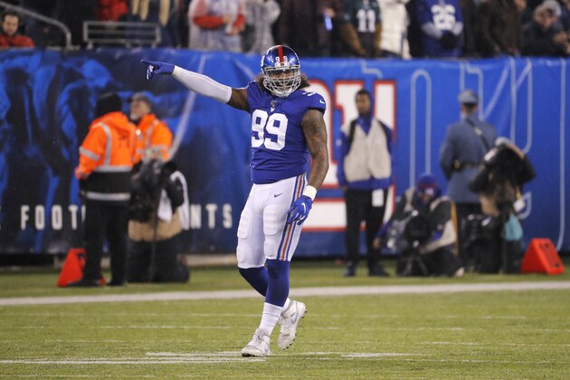 New York Giants defensive end Leonard Williams (99) celebrates in the first half of an NFL football game against the Philadelphia Eagles, Sunday, Dec. 29, 2019, in East Rutherford, N.J. (AP Photo/Seth Wenig)