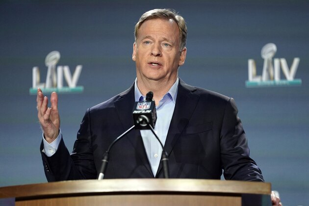 FILE - In this Jan. 29, 2020, file photo, NFL Commissioner Roger Goodell answers a question during a news conference for the NFL Super Bowl 54 football game in Miami. Baltimore Ravens linebacker Matthew Judon criticized the timing of Goodell's assertion that â€œblack lives matter
