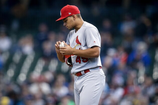 MILWAUKEE, WISCONSIN - APRIL 17:  Jordan Hicks #49 of the St. Louis Cardinals pitches in the ninth inning against the Milwaukee Brewers at Miller Park on April 17, 2019 in Milwaukee, Wisconsin. (Photo by Dylan Buell/Getty Images)