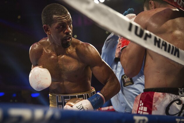 Jamel Herring keeps Juan Pablo Sanchez on the ropes during their lightweight boxing bout Saturday, May 12, 2018, in New York. (AP Photo/Kevin Hagen) Jamel Herring keeps Juan Pablo Sanchez on the ropes during their lightweight boxing bout Saturday, May 12, 2018, in New York. (AP Photo/Kevin Hagen)