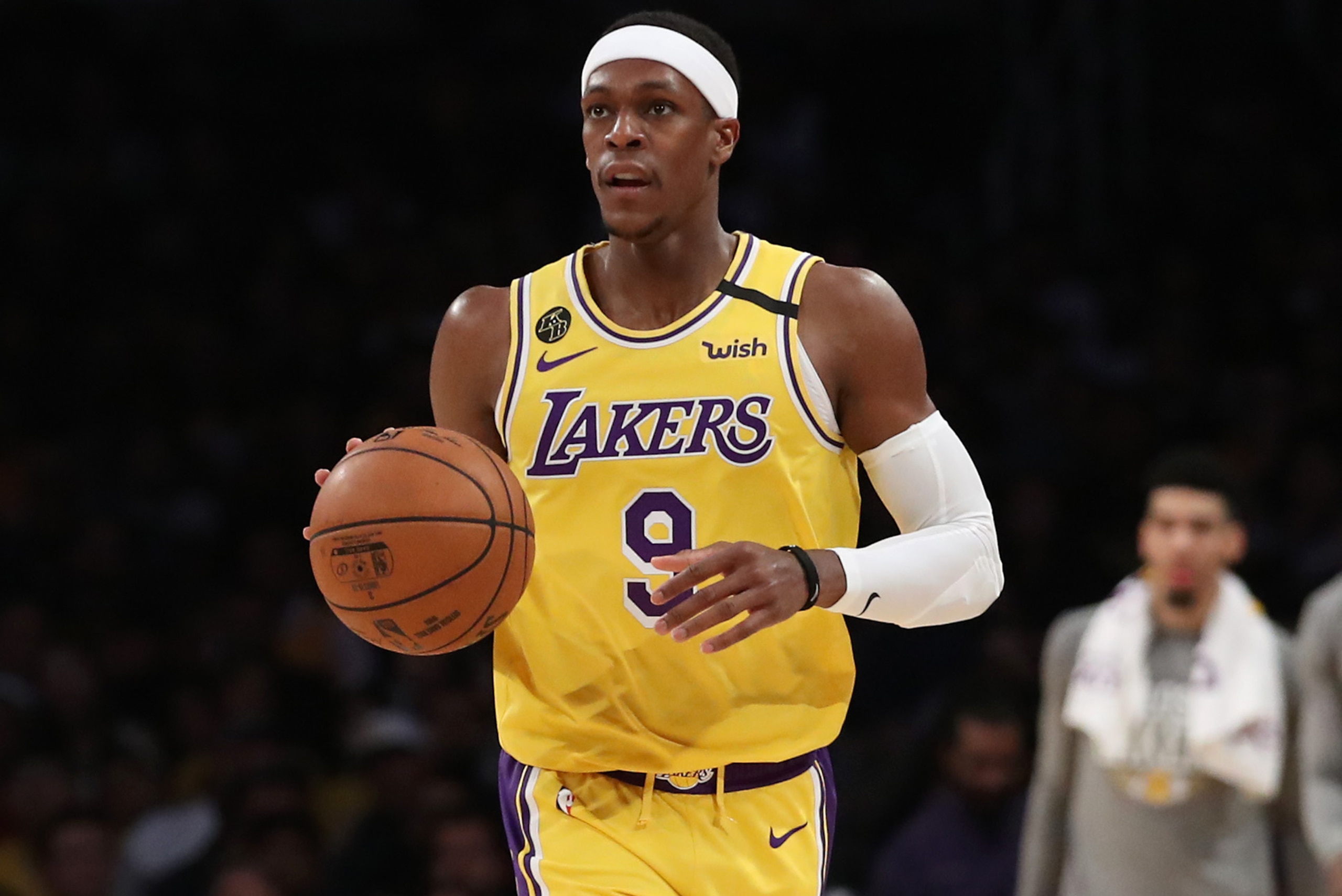 LOS ANGELES, CALIFORNIA - MARCH 03: Rajon Rondo #9 of the Los Angeles Lakers dribbles down the court in a game against the Philadelphia 76ers during the second half at Staples Center on March 03, 2020 in Los Angeles, California. NOTE TO USER: User expressly acknowledges and agrees that, by downloading and or using this Photograph, user is consenting to the terms and conditions of the Getty Images License Agreement. (Photo by Katelyn Mulcahy/Getty Images)
