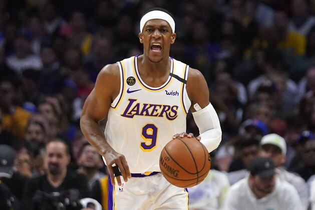 Los Angeles Lakers guard Rajon Rondo dribbles during the second half of an NBA basketball game against the Los Angeles Clippers Sunday, March 8, 2020, in Los Angeles. The Lakers won 112-103. (AP Photo/Mark J. Terrill)