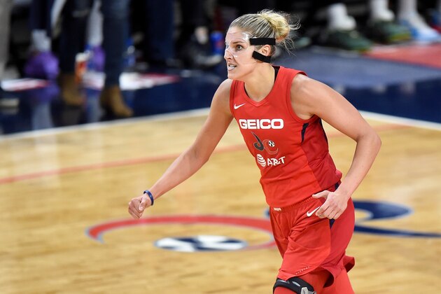 WASHINGTON, DC - OCTOBER 10:  Elena Delle Donne #11 of the Washington Mystics celebrates during Game 5 of the 2019 WNBA Finals against the Connecticut Sun at St Elizabeths East Entertainment & Sports Arena on October 10, 2019 in Washington, DC.  (Photo by G Fiume/Getty Images)