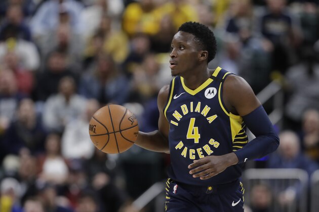 Indiana Pacers' Victor Oladipo (4) dribbles during the second half of an NBA basketball game against the New York Knicks, Saturday, Feb. 1, 2020, in Indianapolis. New York won 92-85. (AP Photo/Darron Cummings)