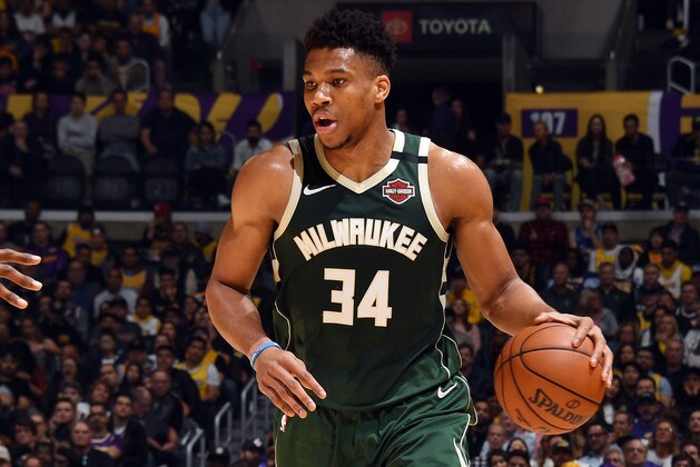 LOS ANGELES, CA - MARCH 6: Giannis Antetokounmpo #34 of the Milwaukee Bucks handles the ball during the game against the Los Angeles Lakers on March 6, 2020 at STAPLES Center in Los Angeles, California. NOTE TO USER: User expressly acknowledges and agrees that, by downloading and/or using this Photograph, user is consenting to the terms and conditions of the Getty Images License Agreement. Mandatory Copyright Notice: Copyright 2020 NBAE (Photo by Andrew D. Bernstein/NBAE via Getty Images)
