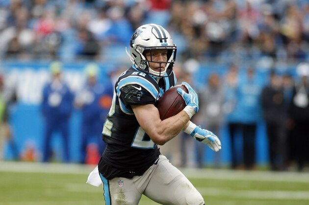 Carolina Panthers running back Christian McCaffrey (22) runs against the New Orleans Saints during the first half of an NFL football game in Charlotte, N.C., Sunday, Dec. 29, 2019. (AP Photo/Brian Blanco)