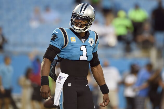 Carolina Panthers quarterback Cam Newton (1) warms up prior to an NFL football game against the Tampa Bay Buccaneers in Charlotte, N.C., Thursday, Sept. 12, 2019. (AP Photo/Mike McCarn)