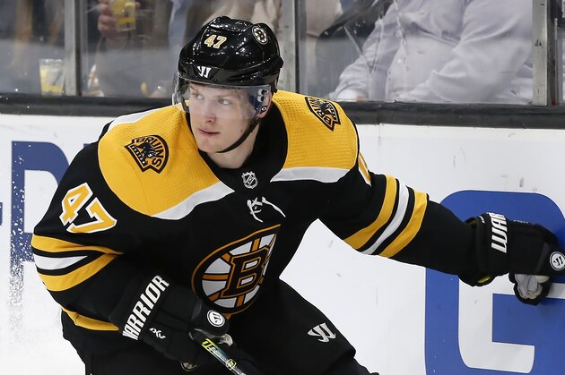 Boston Bruins' Torey Krug plays against the Dallas Stars during an NHL hockey game in Boston, Thursday, Feb. 27, 2020. (AP Photo/Michael Dwyer)