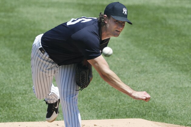 New York Yankees starting pitcher Gerrit Cole delivers a pitch during an intrasquad game in baseball summer training camp, Sunday, July 12, 2020, at Yankee Stadium in New York. (AP Photo/Kathy Willens)