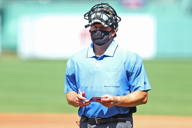 BOSTON, MASSACHUSETTS - JULY 09: Former Red Sox catcher Jason Varitek umpires in an intrasquad game during Summer Workouts at Fenway Park on July 09, 2020 in Boston, Massachusetts. (Photo by Maddie Meyer/Getty Images)