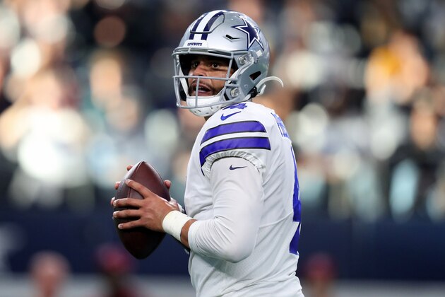 ARLINGTON, TEXAS - DECEMBER 29: Dak Prescott #4 of the Dallas Cowboys drops back to pass in the second quarter against the Washington Redskins in the game at AT&T Stadium on December 29, 2019 in Arlington, Texas. (Photo by Tom Pennington/Getty Images)