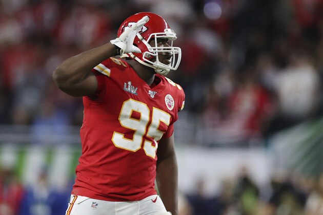 Kansas City Chiefs defensive end Chris Jones (95) reacts after a play during the second half of the NFL Super Bowl 54 football game between the San Francisco 49ers and Kansas City Chiefs Sunday, Feb. 2, 2020, in Miami Gardens, Fla. The Kansas City Chiefs won 31-20. (AP Photo/Steve Luciano)