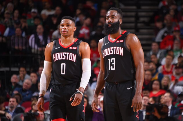HOUSTON, TX - FEBRUARY 11: Russell Westbrook #0 of the Houston Rockets and James Harden #13 of the Houston Rockets seen on court during the game against the Boston Celtics on February 11, 2020 at the Toyota Center in Houston, Texas. NOTE TO USER: User expressly acknowledges and agrees that, by downloading and or using this photograph, User is consenting to the terms and conditions of the Getty Images License Agreement. Mandatory Copyright Notice: Copyright 2020 NBAE (Photo by Bill Baptist/NBAE via Getty Images)