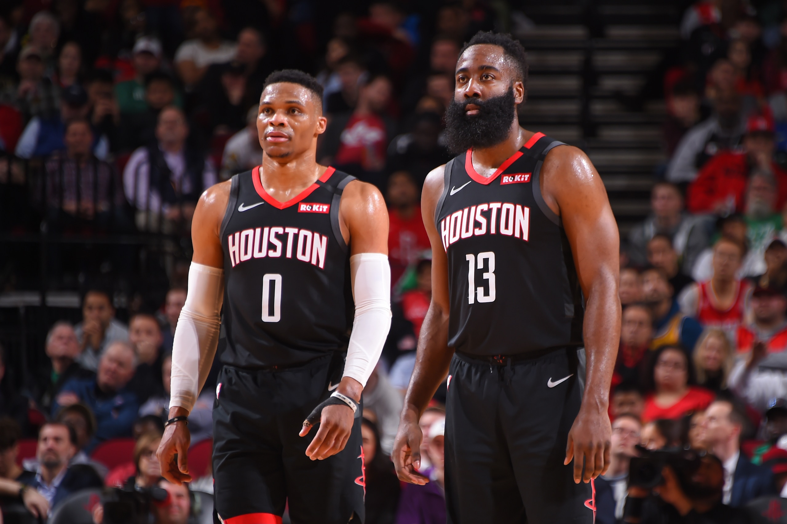 HOUSTON, TX - FEBRUARY 11: Russell Westbrook #0 of the Houston Rockets and James Harden #13 of the Houston Rockets seen on court during the game against the Boston Celtics on February 11, 2020 at the Toyota Center in Houston, Texas. NOTE TO USER: User expressly acknowledges and agrees that, by downloading and or using this photograph, User is consenting to the terms and conditions of the Getty Images License Agreement. Mandatory Copyright Notice: Copyright 2020 NBAE (Photo by Bill Baptist/NBAE via Getty Images)