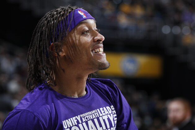 INDIANAPOLIS, IN - FEBRUARY 05: Michael Beasley #11 of the Los Angeles Lakers looks on before the game against the Indiana Pacers at Bankers Life Fieldhouse on February 5, 2019 in Indianapolis, Indiana. The Pacers won 136-94. NOTE TO USER: User expressly acknowledges and agrees that, by downloading and or using the photograph, User is consenting to the terms and conditions of the Getty Images License Agreement. (Photo by Joe Robbins/Getty Images)
