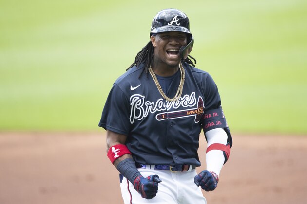 Atlanta Braves center fielder Ronald Acuna Jr. (13) reacts after popping out to second baseman Ozzie Albies during a practice baseball game, Thursday, July 9, 2020, in Atlanta. (AP Photo/John Bazemore) Atlanta Braves center fielder Ronald Acuna Jr. (13) reacts after popping out to second baseman Ozzie Albies during a practice baseball game, Thursday, July 9, 2020, in Atlanta. (AP Photo/John Bazemore)