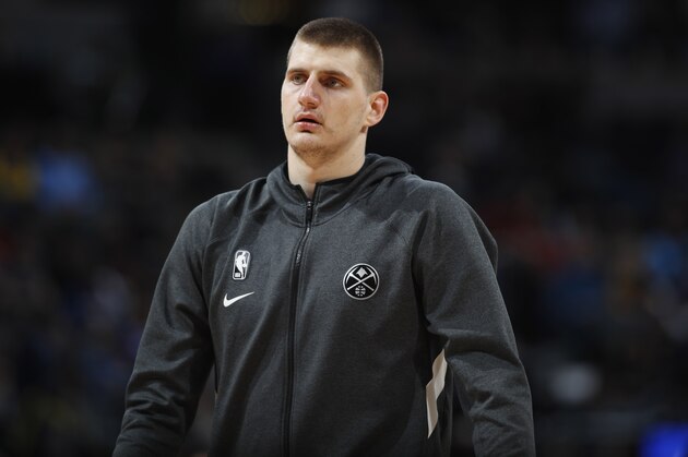 Denver Nuggets center Nikola Jokic (15) in the second half of an NBA basketball game Sunday, March 1, 2020. The Nuggets won 133-118. (AP Photo/David Zalubowski)