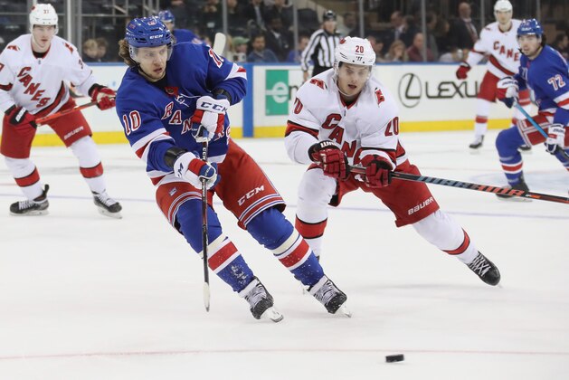 NEW YORK, NEW YORK - NOVEMBER 27: Artemi Panarin #10 of the New York Rangers skates against the Carolina Hurricanes at Madison Square Garden on November 27, 2019 in New York City. The Rangers defeated the Hurricanes 3-2. (Photo by Bruce Bennett/Getty Images)
