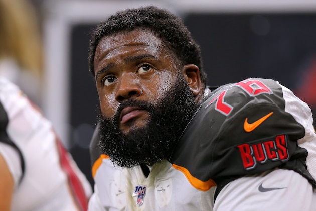 NEW ORLEANS, LOUISIANA - OCTOBER 06: Donovan Smith #76 of the Tampa Bay Buccaneers reacts during a game against the New Orleans Saints at the Mercedes Benz Superdome on October 06, 2019 in New Orleans, Louisiana. (Photo by Jonathan Bachman/Getty Images)