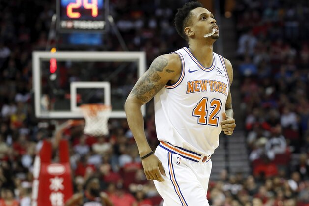 HOUSTON, TX - APRIL 05:  Lance Thomas #42 of the New York Knicks enters the game in the first half against the Houston Rockets at Toyota Center on April 5, 2019 in Houston, Texas.  NOTE TO USER: User expressly acknowledges and agrees that, by downloading and or using this photograph, User is consenting to the terms and conditions of the Getty Images License Agreement.  (Photo by Tim Warner/Getty Images)