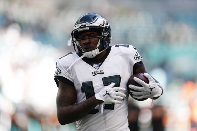 Philadelphia Eagles wide receiver Alshon Jeffery (17) warms up, before an NFL football gam against the Miami Dolphins, Sunday, Dec. 1, 2019, in Miami Gardens, Fla. (AP Photo/Brynn Anderson)