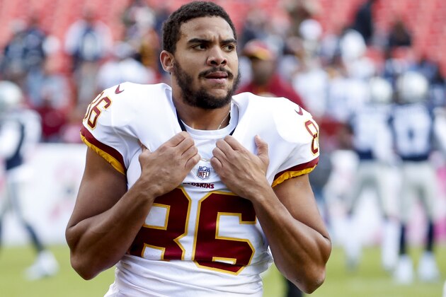 FILE - In this Oct. 21, 2018, file photo, Washington Redskins tight end Jordan Reed (86), warm up before an NFL football game against the Dallas Cowboys, in Landover, Md. The Washington Redskins have released injury prone tight end Jordan Reed, Thursday, Feb. 20, 2020. Washington creates $8.5 million in salary-cap by cutting ties with him. Reed missed all of last season with his fifth documented concussion of his seven-year NFL career. (AP Photo/Andrew Harnik, File)