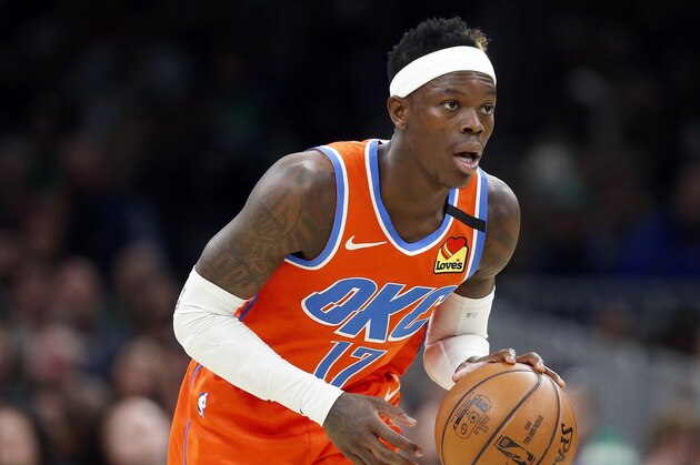 Oklahoma City Thunder's Dennis Schroder plays against the Boston Celtics during an NBA basketball game, Sunday, March, 8, 2020, in Boston. (AP Photo/Michael Dwyer)