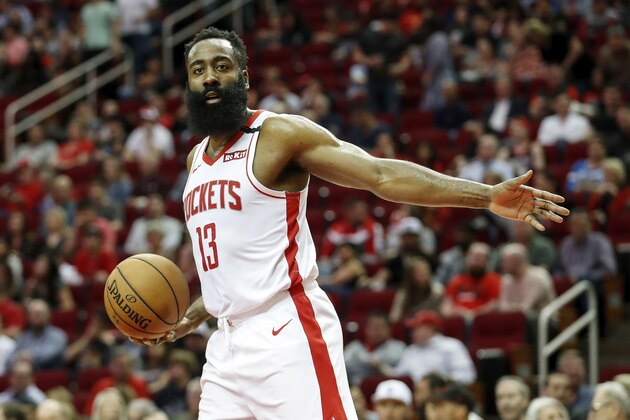 HOUSTON, TEXAS - MARCH 08: James Harden #13 of the Houston Rockets reacts in the first half against the Orlando Magic at Toyota Center on March 08, 2020 in Houston, Texas.  NOTE TO USER: User expressly acknowledges and agrees that, by downloading and or using this photograph, User is consenting to the terms and conditions of the Getty Images License Agreement. (Photo by Tim Warner/Getty Images)