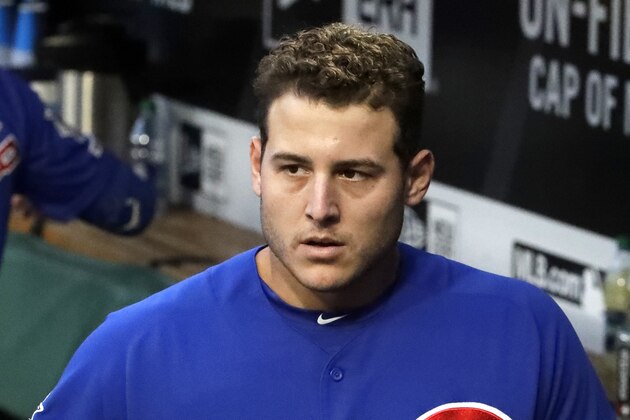 Chicago Cubs' Anthony Rizzo walks in the dugout before a baseball game against the Pittsburgh Pirates in Pittsburgh, Tuesday, Sept. 24, 2019. (AP Photo/Gene J. Puskar)