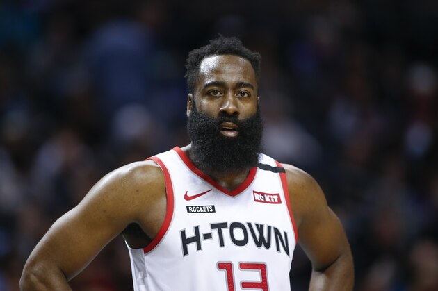 Houston Rockets guard James Harden stands on the court during a break in the action against the Charlotte Hornets during the second half of an NBA basketball game in Charlotte, N.C., Saturday, March 7, 2020. Charlotte won 108-99. (AP Photo/Nell Redmond) Houston Rockets guard James Harden stands on the court during a break in the action against the Charlotte Hornets during the second half of an NBA basketball game in Charlotte, N.C., Saturday, March 7, 2020. Charlotte won 108-99. (AP Photo/Nell Redmond)
