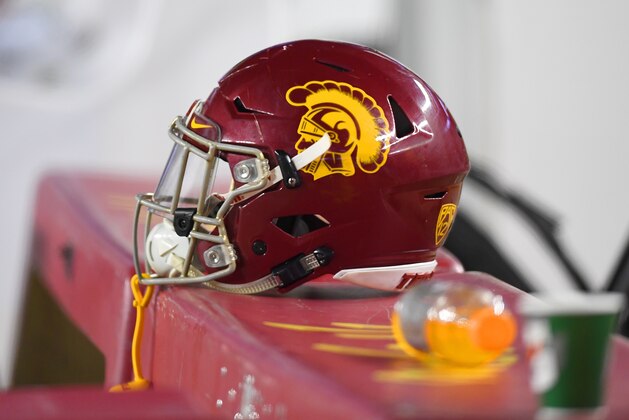 SANTA CLARA, CA - DECEMBER 01:  A detailed view of a helmet belonging to a USC Trojans player sitting on the bench during the Pac-12 Football Championship Game against the Stanford Cardinal at Levi's Stadium on December 1, 2017 in Santa Clara, California.  (Photo by Thearon W. Henderson/Getty Images)