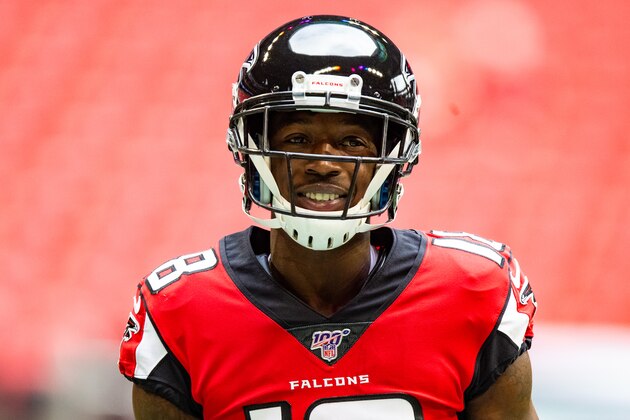 ATLANTA, GA - OCTOBER 20: Calvin Ridley #18 of the Atlanta Falcons looks on prior to a game against the Los Angeles Rams at Mercedes-Benz Stadium on October 20, 2019 in Atlanta, Georgia. (Photo by Carmen Mandato/Getty Images)