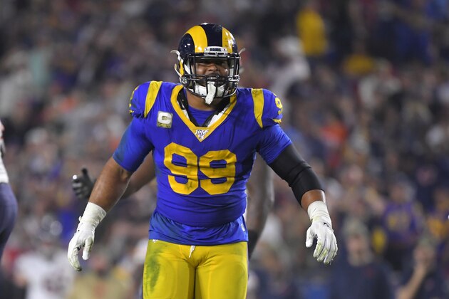 Los Angeles Rams defensive tackle Aaron Donald celebrates a sack during an NFL football game against the Chicago Bears Sunday, Nov. 17, 2019, in Los Angeles. (AP Photo/Mark J. Terrill)