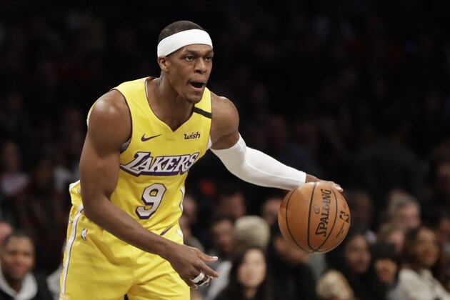 Los Angeles Lakers' Rajon Rondo (9) during the first half of an NBA basketball game against the Brooklyn Nets Thursday, Jan. 23, 2020, in New York. (AP Photo/Frank Franklin II)