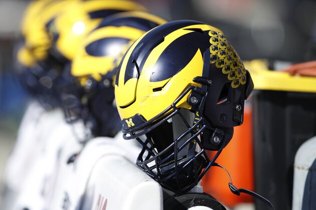 COLLEGE PARK, MD - NOVEMBER 02: Michigan Wolverines helmets are seen on the sideline during a game against the Maryland Terrapins at Capital One Field at Maryland Stadium on November 2, 2019 in College Park, Maryland. Michigan defeated Maryland 38-7. (Photo by Joe Robbins/Getty Images)