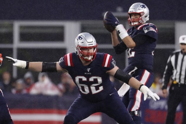 New England Patriots offensive guard Joe Thuney looks to block against the Cleveland Browns during an NFL football game, Sunday, Oct. 27, 2019 in Foxborough, Mass. (Winslow Townson/AP Images for Panini) New England Patriots offensive guard Joe Thuney looks to block against the Cleveland Browns during an NFL football game, Sunday, Oct. 27, 2019 in Foxborough, Mass. (Winslow Townson/AP Images for Panini)