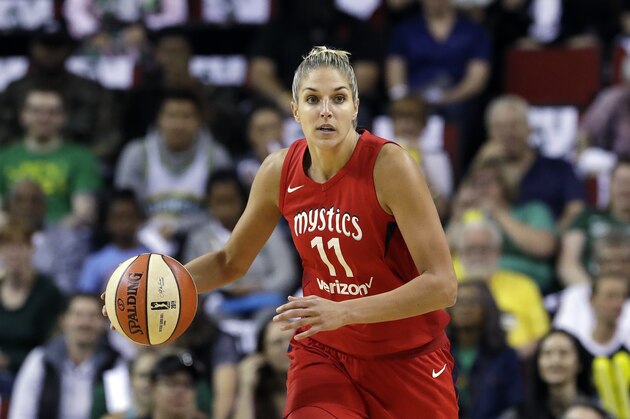 Washington Mystics' Elena Delle Donne heads up court against the Seattle Storm in the first half of Game 1 of the WNBA basketball finals Friday, Sept. 7, 2018, in Seattle. (AP Photo/Elaine Thompson) Washington Mystics' Elena Delle Donne heads up court against the Seattle Storm in the first half of Game 1 of the WNBA basketball finals Friday, Sept. 7, 2018, in Seattle. (AP Photo/Elaine Thompson)