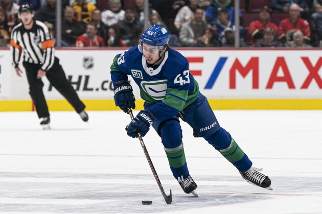 VANCOUVER, BC - FEBRUARY 08: Quinn Hughes #43 of the Vancouver Canucks skates with the puck in NHL action against the Calgary Flames at Rogers Arena on February 8, 2020 in Vancouver, Canada. (Photo by Rich Lam/Getty Images)