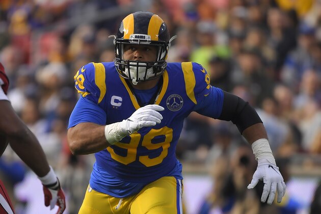 Los Angeles Rams defensive tackle Aaron Donald runs a play during the first half of an NFL football game against the Arizona Cardinals Sunday, Dec. 29, 2019, in Los Angeles. (AP Photo/Mark J. Terrill)