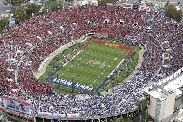 An aerial view of the Rose Bowl stadium prior to the Rose Bowl NCAA college football game between Southern California and Penn State on Monday, Jan. 2, 2017, in Pasadena, Calif. (The Tournament of Roses via AP Pool)